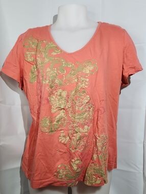 Three Hearts Coral Short Sleeve V-Neck Top with Gold Foil Design, 100% Cotton